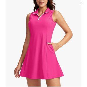 Viodia Tennis Golf Dress W/ Shorts Activewear Sleeveless Polo Zip Pockets Pink